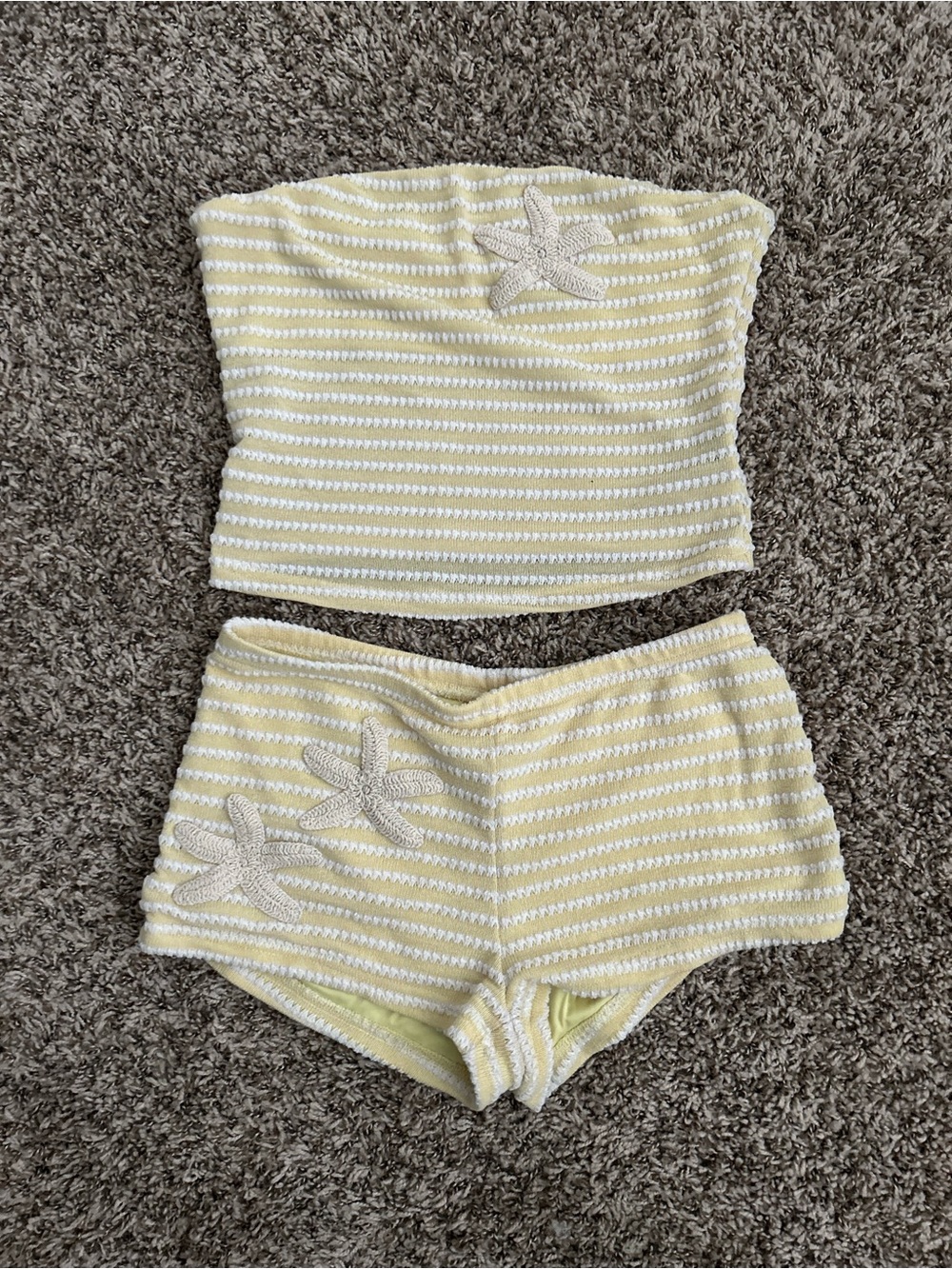 SHEIN Yellow and White Striped Tube Top & Shorts Set